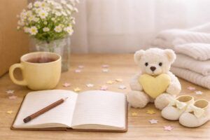 赤ちゃんの名付け姓名判断鑑定占いをイメージした、白い熊のぬいぐるみとベビーシューズ（地格２画）