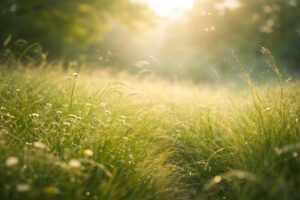 朝のやわらかな光に照らされた草原。露を含んだ草や小さな花が風に揺れ、静かで穏やかな始まりを感じさせる風景(地格3画)