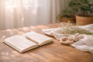 自然光が差し込む木のテーブルの上に、開いたノートとペン、白い布と木製のおもちゃが静かに置かれている、赤ちゃんの名付けを考える時間をイメージした写真(地格4画)