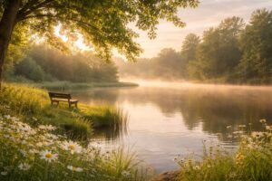 朝の柔らかな光に包まれた静かな湖畔の風景。水面にうっすらと霧が立ち、木々と草花に囲まれた穏やかな空気が広がっている写真（地格6画）