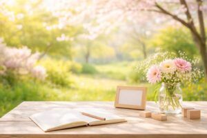 春のやわらかな光に包まれた風景の中、名付けノートと花を並べたテーブル。赤ちゃんの名前を考える穏やかな時間をイメージした情景。