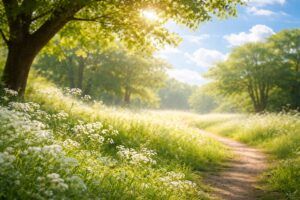 青空の下に広がる明るい草原の風景。赤ちゃんの名付け・姓名判断で未来を考える記事のイメージ写真