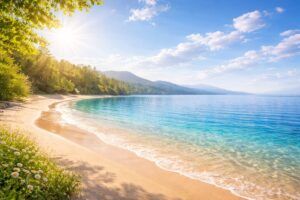 赤ちゃんの名付けや姓名判断をイメージさせる、明るく澄んだ青空と穏やかな海辺の風景