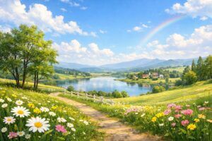 明るい青空と花畑が広がる風景|赤ちゃんの名付けについて運勢や性格を優しく考えるイメージ画像(地格13画)