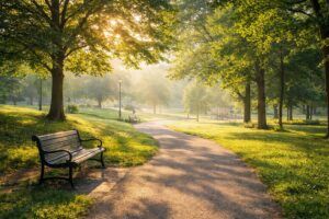 明るい公園の風景と赤ちゃん名付けで性格や運勢を考える穏やかな自然背景イメージ（地格14画）