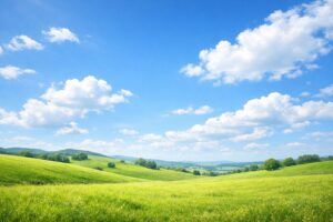 赤ちゃんの名付けや姓名判断を考える親の不安をやわらげる、明るい青空と広がる草原の風景画像(地格19画)