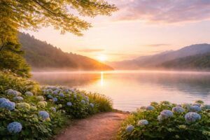 朝日の光に包まれた湖畔と紫陽花の小道。新しい命のはじまりを感じさせる、明るく穏やかな自然風景(地格7画)