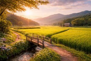 赤ちゃんの名付けを考える時間に寄り添う、朝日が差し込む田園風景。緑豊かな田んぼと小道、山に囲まれた穏やかな景色が、健やかな成長と安定した人生を象徴する自然写真（地格8画）
