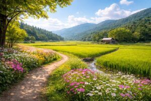 赤ちゃんの名付けを考える親御さんに寄り添う、穏やかな田園風景。