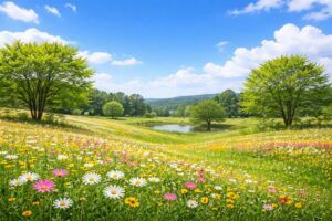 赤ちゃんの名付けをイメージさせる、花畑と青空のやさしい風景（地格21画）