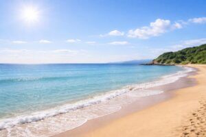 赤ちゃんの名付けを穏やかに考えたくなる、明るい海辺の風景（地格22画）