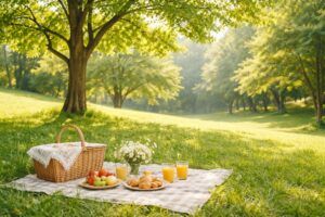明るい公園でピクニックを楽しむ風景｜赤ちゃんの名付けを考える時間に寄り添うやさしいイメージ（地格23画）