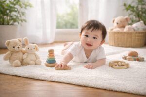 明るい室内で赤ちゃんがおもちゃで遊んでいる様子の画像(名付けを考えるイメージ)