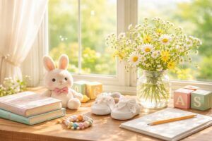 明るい室内に赤ちゃん用品とノートを並べた名付けイメージ写真(地格24画)