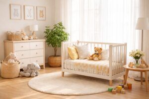 赤ちゃんの名付けをイメージした、明るい自然光とやさしい色合いのベビールームの画像(地格25画)