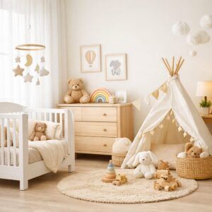 明るいベビールームで赤ちゃんの名付けをイメージできるやさしい空間の写真（地格27画）