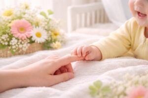 やわらかな光に包まれた空間で、赤ちゃんの手と大人の指が触れ合う温かな瞬間を捉えた写真。赤ちゃんの名付けに込める想いとやさしいつながりを感じさせます（地格32画）