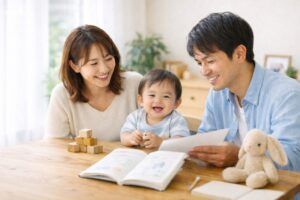 明るいリビングで、赤ちゃんを中心に両親が穏やかに見守りながら一緒に過ごしている温かい家族のひとときの様子(地格33画)