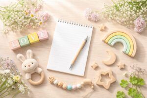 やわらかな光が差し込む木目のテーブルに、ノートや木のおもちゃ、花々、赤ちゃん用品がやさしく並べられた、明るくナチュラルな雰囲気の写真風イメージ（地格34画）
