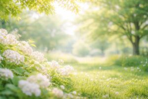 やわらかな光に包まれた花と緑が広がる、赤ちゃんの名付けを穏やかに考える時間に寄り添う明るい写真風イメージ（地格36画）