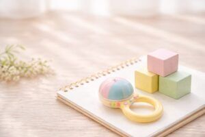 やさしい光の中で名付けノートと赤ちゃん用品が静かに並ぶ、あたたかく穏やかなイメージ写真(地格39画)