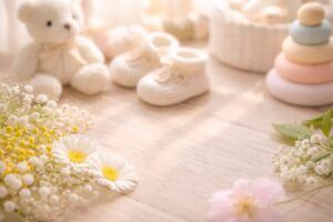 赤ちゃんの名付けをイメージした、明るいベビールームに花やぬいぐるみ、ベビーシューズがやさしく並ぶ写真風イメージ（地格41画）