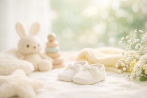 赤ちゃんの名付けをイメージさせる、やわらかな光の中にベビーシューズやぬいぐるみ、花が並ぶ明るい写真風イメージ(地格42画)
