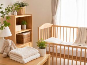 明るい自然光が差し込む赤ちゃんの部屋と、名付けを考える時間をやさしく感じさせる穏やかな空間（地格43画）
