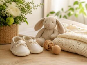 赤ちゃんの名付けを考えるやさしい雰囲気のベビー用品と花の写真風イメージ(地格44画)