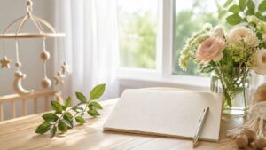 明るい自然光の中で赤ちゃんの名付けを考える、花とノートを添えた穏やかなイメージ（地格47画）