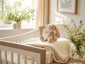 明るい子ども部屋で赤ちゃんの名付けを穏やかに考えるイメージ（地格48画）