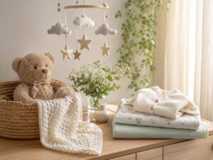 赤ちゃんの名付けを考えるやさしい時間をイメージした、明るい自然光のベビー用品とグリーンの画像(地格50画)
