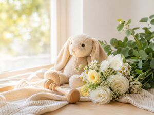 赤ちゃんの名付けや姓名判断を考えるひとときに寄り添う、やさしい花とぬいぐるみを写した明るい雰囲気の画像（地格51画）