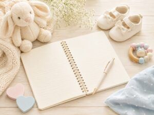 赤ちゃんの名前が決まらないときの候補整理をイメージした、開いたノートとベビー用品が並ぶ明るい名付け準備の画像