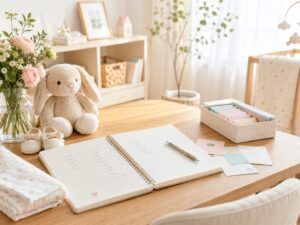 明るい室内で、ベビー用品やノートを前に赤ちゃんの名前を落ち着いて考える様子を表したイメージ画像