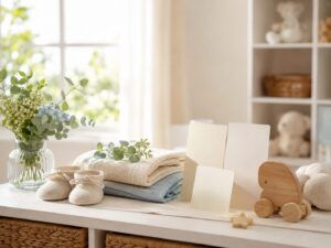 赤ちゃんの名付けを穏やかに考える時間を、明るい室内のベビーシューズや花、木のおもちゃで表現した画像