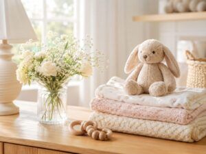 赤ちゃんの名付けや姓名判断の記事に添える、明るくやさしい雰囲気のベビーブランケットと花のイメージ画像（地格55画）
