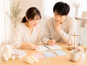 姓名判断の画数や地格・総格のバランスを考えながら、赤ちゃんの名前候補をノートに書いて夫婦で相談している明るい雰囲気の画像