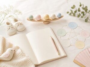 赤ちゃんの名付けと姓名判断で五行三才配置を考える場面をイメージした、開いたノートと五行の流れを表すカード、ベビー用品を並べた明るい画像