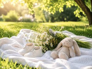 赤ちゃんの名付けで良い名前の決め方を考える場面を、芝生の上に置かれたベビーシューズや花束、ぬいぐるみで明るく表現した画像