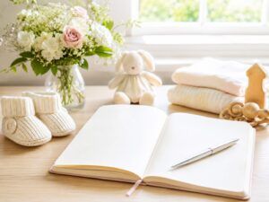 赤ちゃんの名付けで名前の画数を考えるひとときをイメージした、明るい窓辺のテーブルにノート、ペン、ベビーシューズ、花、ベビー服がやさしく並ぶ画像