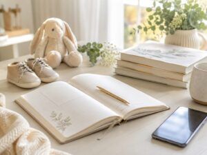 姓名判断のプロ鑑定と無料診断の違いを考えながら、赤ちゃんの名付けに向き合う時間を表現した、ノートやベビー用品が並ぶ画像