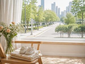 明るい窓辺のベビーシューズと花、外に広がる街並みが、赤ちゃんの名前が家庭から社会へつながる様子を表した画像