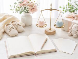 総格と地格のバランスで迷う赤ちゃんの名付けについて、天秤やノートを使って姓名判断の見方をやさしく表した明るいイメージ画像