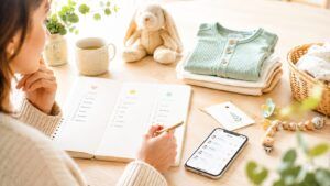 赤ちゃんの名付けで、名前の書きやすさや説明しやすさをノートとスマートフォンで確認している明るい場面