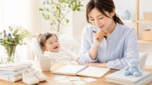 男の子の名前で良い画数を考えるために、赤ちゃんのそばで姓名判断や総格・社会運を確認しながら名付け候補を整理する親御様の明るいイメージ画像