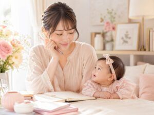 女の子の名前で良い画数や漢字の意味を考えながら、赤ちゃんの名付けを穏やかに進める母親の明るいイメージ画像