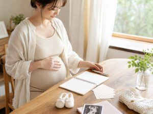 妊婦さんが名付けノートを見ながら、赤ちゃんの名前を考える時期や画数確認までの流れをイメージした明るい記事画像