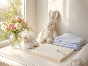 明るい窓辺にベビー用品とノートが置かれ、名前の読み方と画数で迷う赤ちゃんの名付けを落ち着いて考える様子を表した画像
