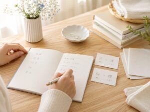 赤ちゃんの名付けノートを広げ、姓名判断で使う沢と澤、桜と櫻の旧字体・新字体の違いを比較しながら名前を考える親の手元